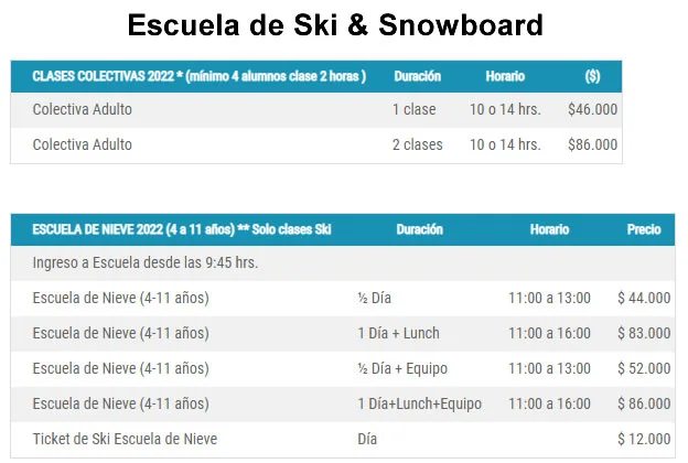 Precios escuela de Ski Valle Nevado